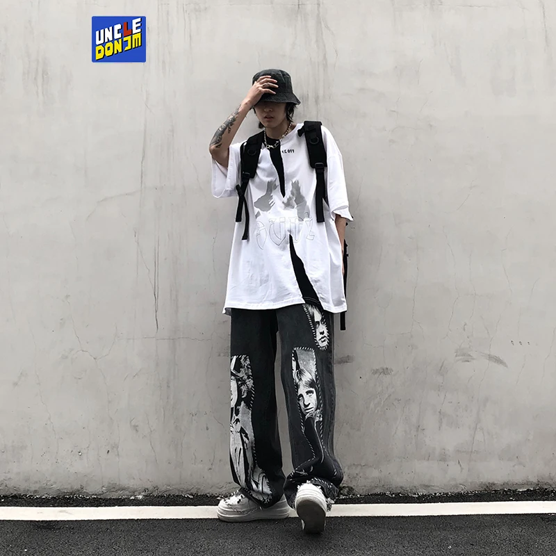 UNCLEDONJM High Street Patchwork Printed Jeans Ins Hip Hop Wide Leg Pants Men hip hop jeans men baggy jeans
