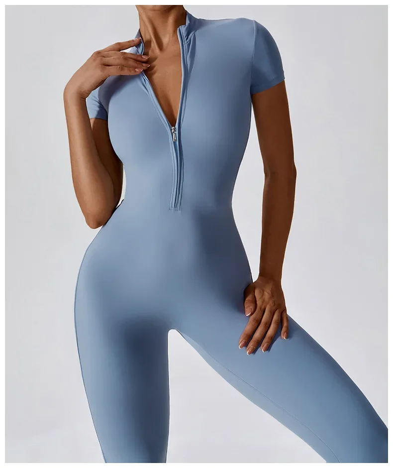 Women's Tight Zipper Jumpsuit, Dance Exercise, Fitness, Hip Lift, Yoga, New tight fitting quick drying short sleeved yoga clothes dance fitness jumpsuit bodysuit