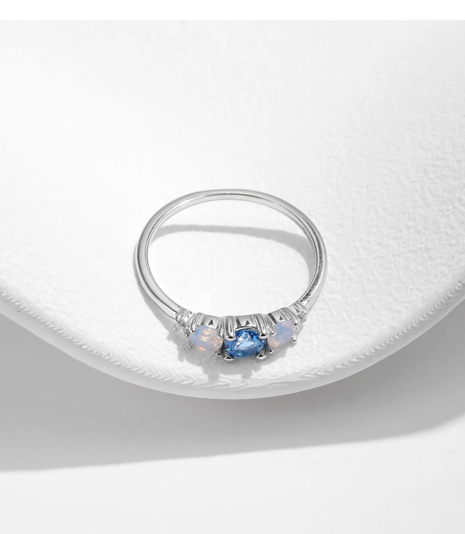MODIAN 925 Sterling Silver Round Opal Ring White Gold Plated Dainty Cute Three Stone Ring For Women Birthday Christmas Jewelry