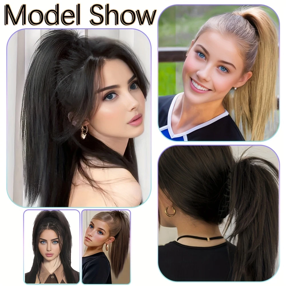 14Inch Synthetic Waterfall Long Straight Black-Brown Claw Clip in Ponytail Extension Everyday Use