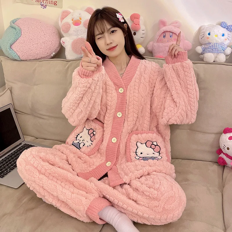 Cute Sanrio Hellokitty Y2K Cartoon Kuromi Pajamas Anime Cinnamoroll Nightwear Suit Girl Kawaii V-Neck Homewear Sleepwear Winter