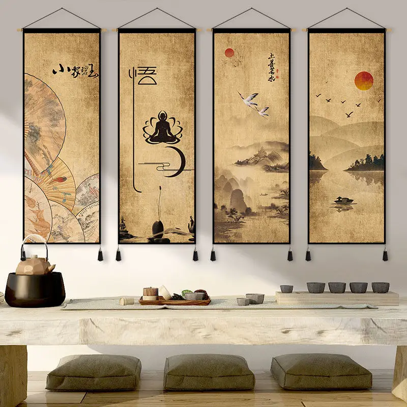 선 레트로 중국어 패브릭 아트 매달려 그림 거실 차 방 배경 패브릭 벽 장식 그림 침실 연구 태피스트리