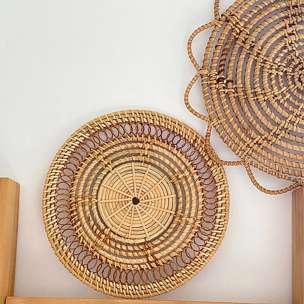 Handmade Rattan Wall Hanging Decor Round Placemat Coaster Natural Wicker Bohemia Style Decoration Rattan Woven Wall Hanging 3