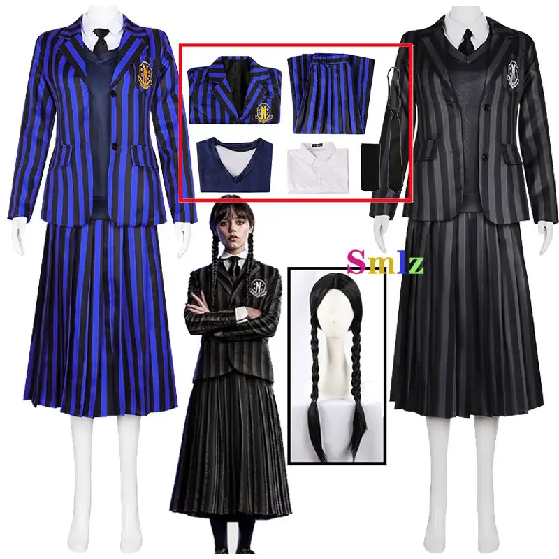 

2 Color Anime Addams Blue Wednesday Cosplay Costume Girl School Black Uniforms Suit Dress Woman Halloween Party Clothes