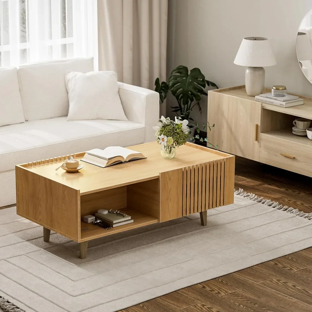 Fluted Coffee Table, Mid Century Modern Center Coffee Table with Cabinet Doors, Modern Farmhouse Coffee Table for Living Room 6