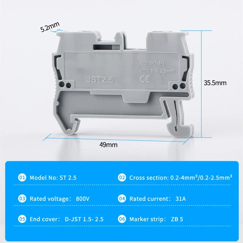 Din Rail Terminal Block 10pcs for ST-2.5 Return Pull Type Spring Connection Connector Screwless Copper Wire Conductor 6 Colors ST2.5