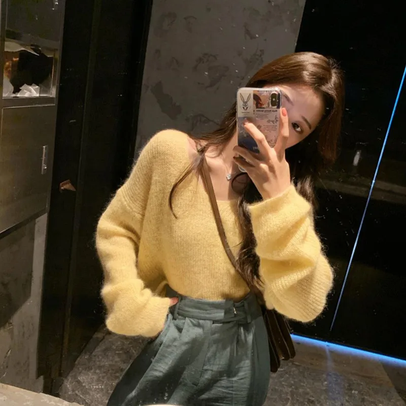 Women Fuzzy Sweaters Fall Cute V Neck Thin Loose Short Knitted Tops 2022  New Fashion Furry Pullover Sweet Mustard Yellow Jumpers - AliExpress