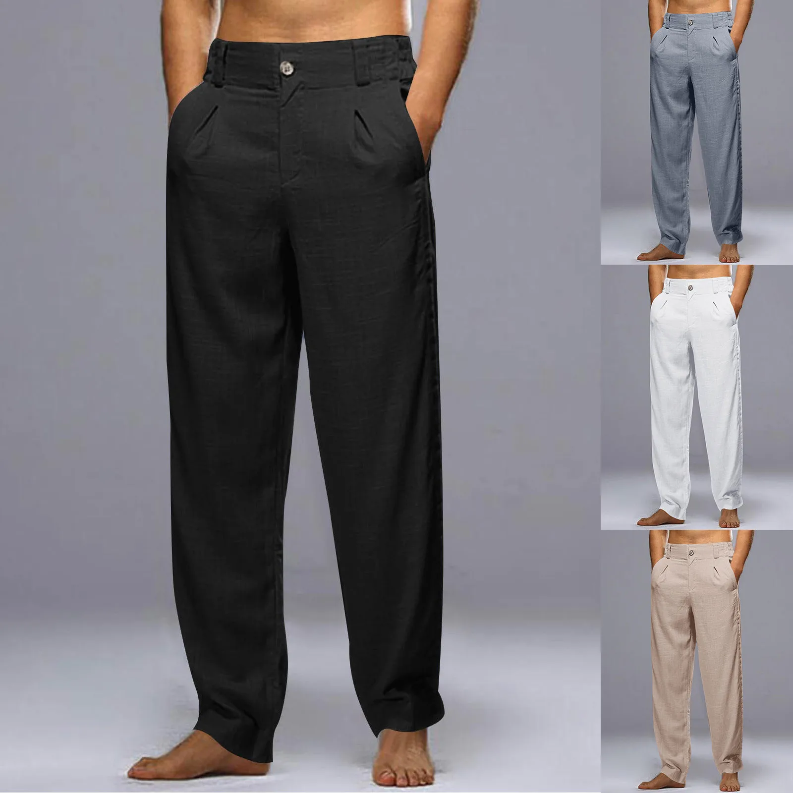 

Men's Fashion Casual Solid Colour Comfortable Breathable Trousers High Elastic Waist Button Large Size Long Pants With Pockets