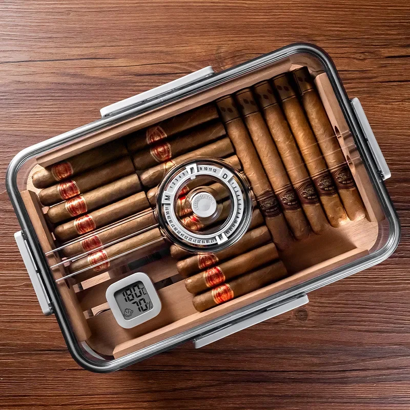 Portable Sealed Cigar Humidor Box Transparently Seal Cigar Humidor Cedar Wood Shelf With Hygrometer Capacity 100PCS PP Material