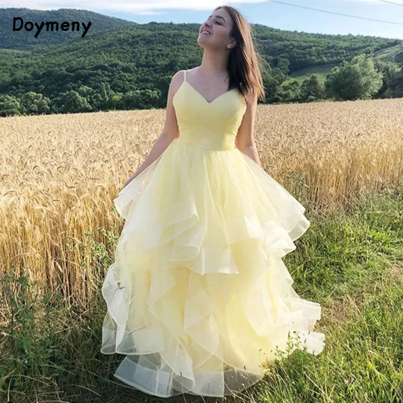 

Doymeny Spaghetti Strap Evening Dresses Ruffled Tulle Floor Length Sleeveless Prom Dresses Robe de Soiree vestidos de noche