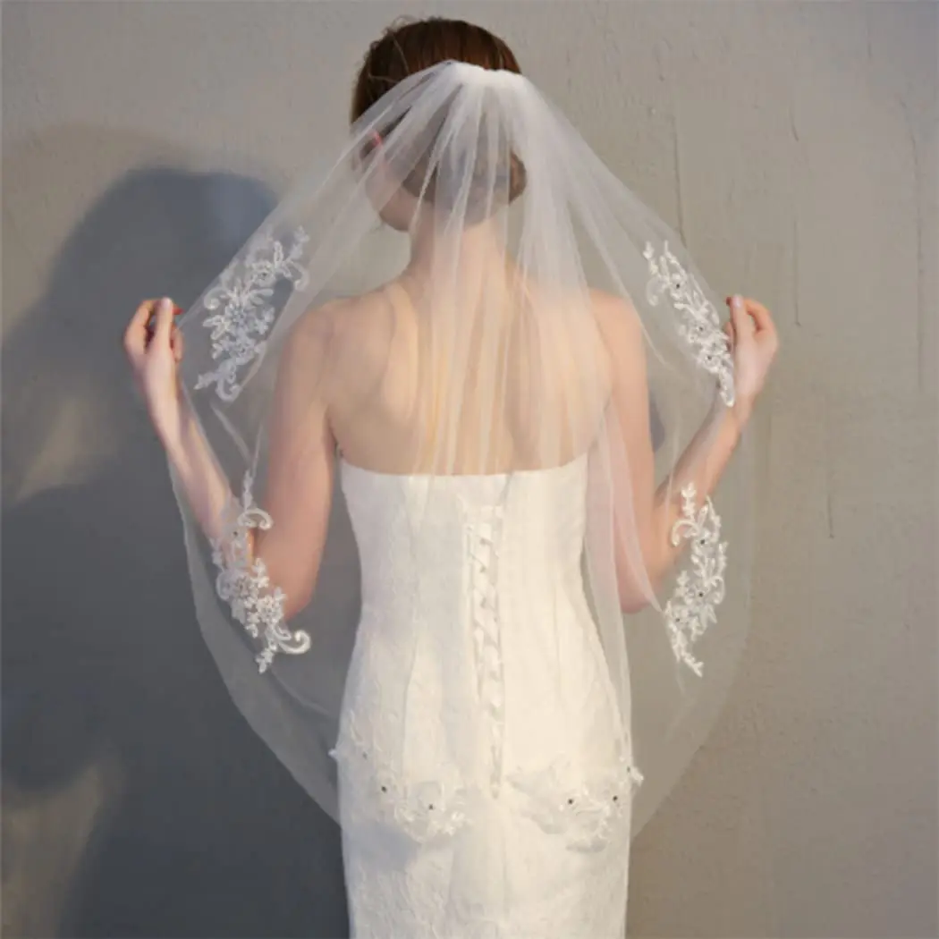

Кружевная свадебная фата для невесты, короткая свадебная фата длиной до кончиков пальцев, аппликация на 2024 год