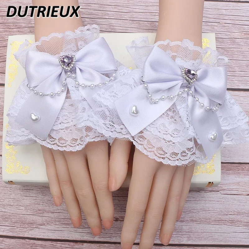 Handmade Sweet Cute Lolita Mine Lace Bow Bead Chain Love Oversleeves Summer Japanese Style Kawaii Girls Y2k Accessories