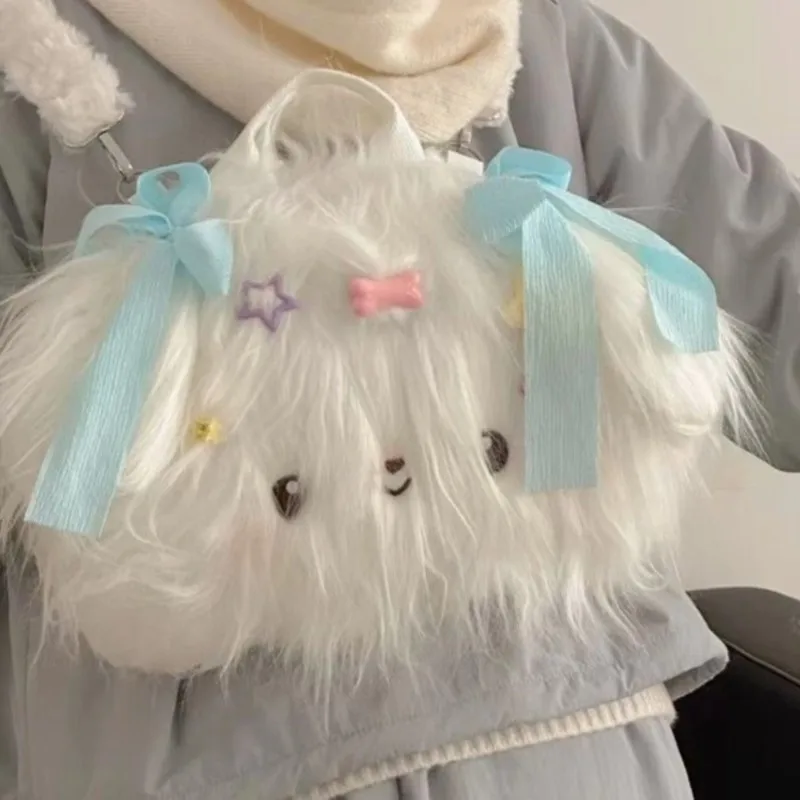 JIAERDI Sweet Cute Plush Lolita Handbag Women Bow Star Large Capacity Backpack Ladies Kawaii Long Hair Puppy Mochilas Mujer 2025