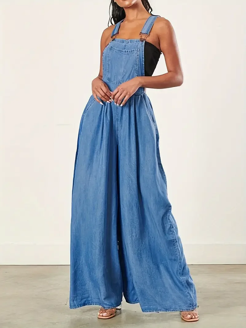 Women Fashion Big Pocket Denim Overalls Casual Wide Leg Jumpsuit Jeans 1