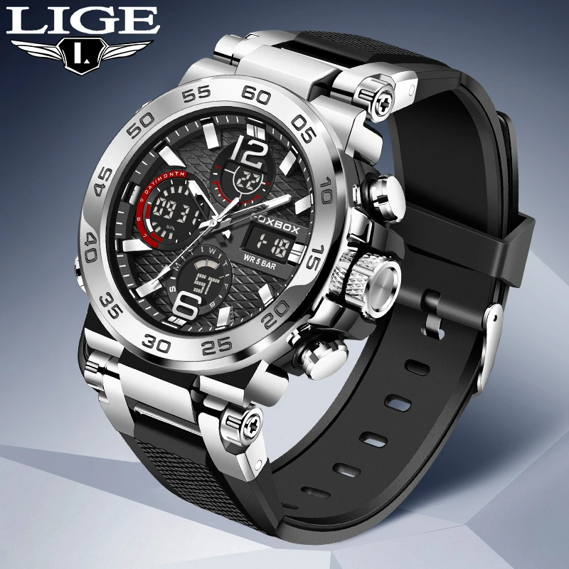 LIGE Mens Sports Watches Men Quartz LED Digital Clock Top Brand Luxury Male Fashion Silica Gel Waterproof Military Wrist Watch