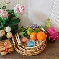 Rattan Handmade Real Rattan Fruit Storage Basket With Wooden Handle Round Wicker Basket Fruit Cake Platter Dinner Serving Tray 2