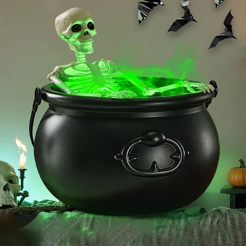 Black Cauldron Bucket Trick Or Treat Halloween Candy Bowl LED Mist Maker Skeleton Witch Cauldron Pot for Halloween Atmosphere