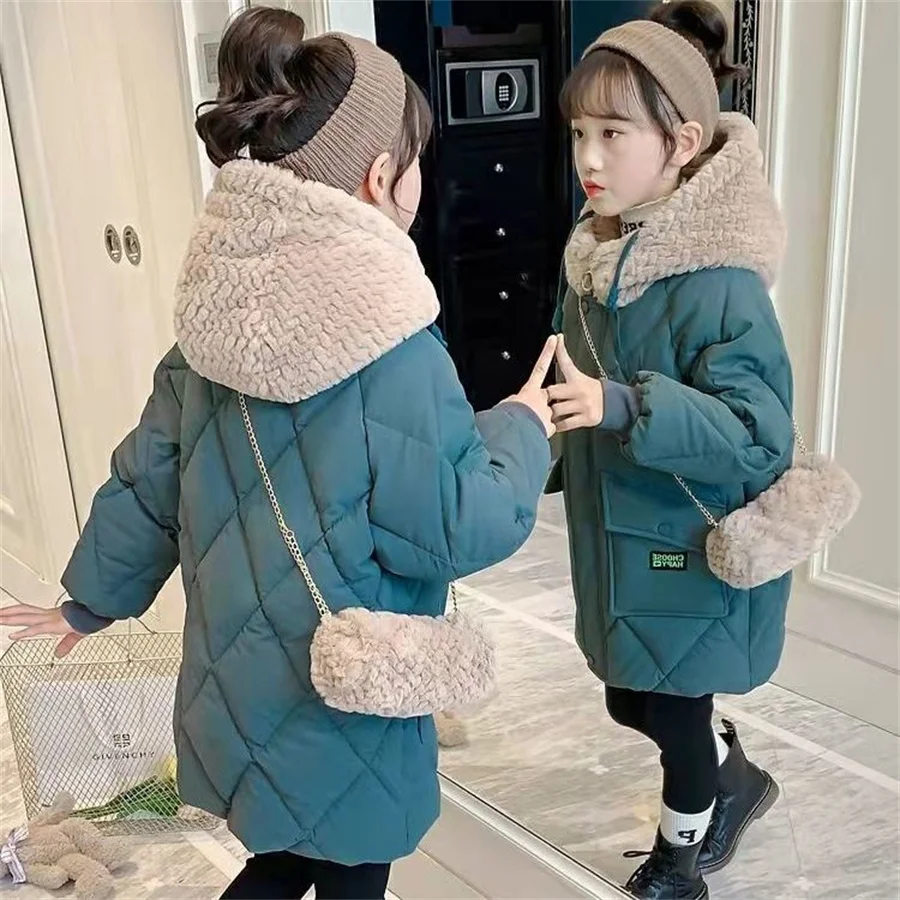 

Girl Winter Warm Jacket hoodies Cotton Long Coat Children Thicken Padded Princess kids Fashion Clothes Cute with Bag 5-14years