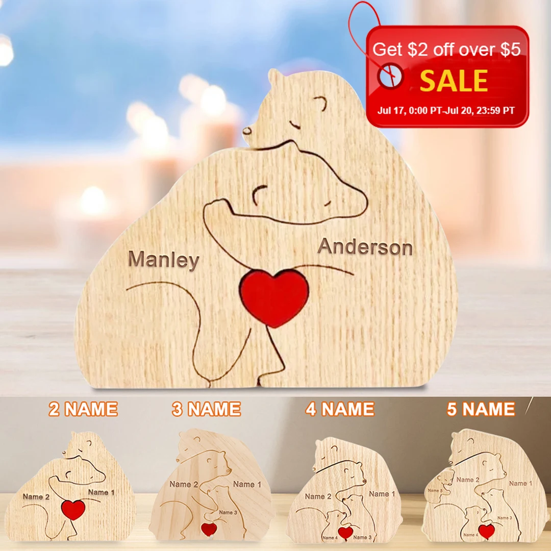 Custom Name Wooden Bear Family Ornaments Personalized Wood Carving Bear Puzzle Christmas Birthday Gift home decor action figure