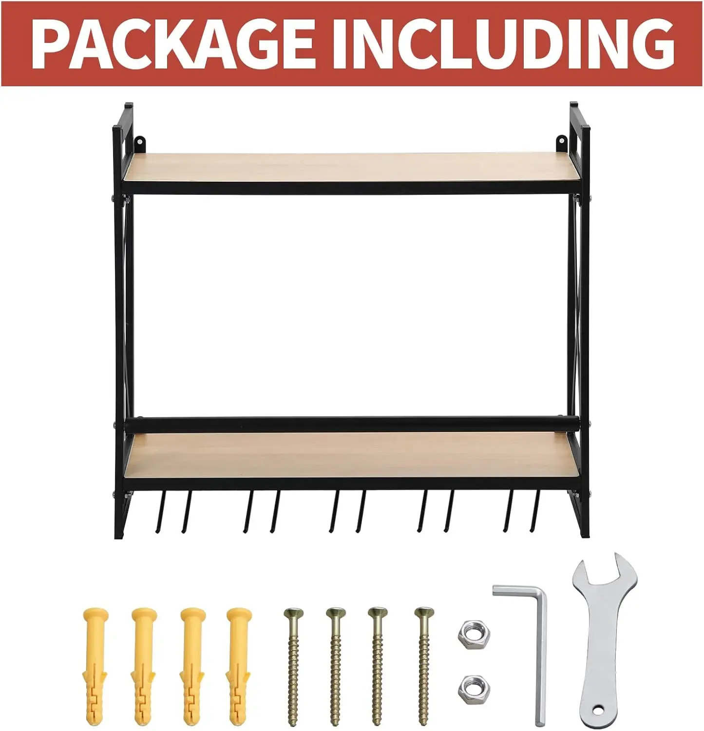 Industrial Wall Mounted Wine Rack, 2 Tiers Metal Hanging Wine Shelf with 5 Stem Glass Holder, Black Wall Wine Bottle Glass Rack