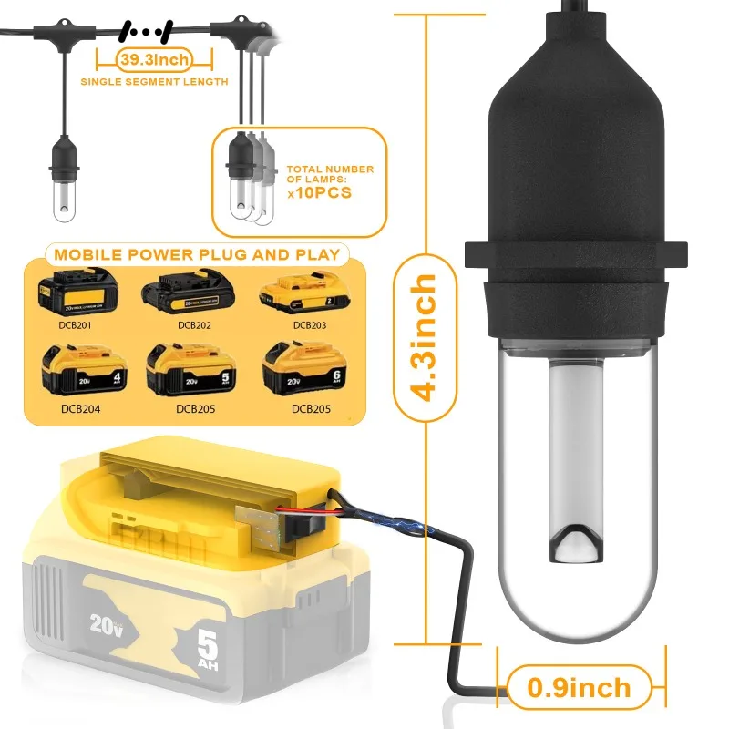 Dewalt 휴대용 무선 LED 야외 스트링 조명, 32FT, 18 V, 20V 배터리용, 비산 방지 LED 전구 10 개, 방수 걸이식