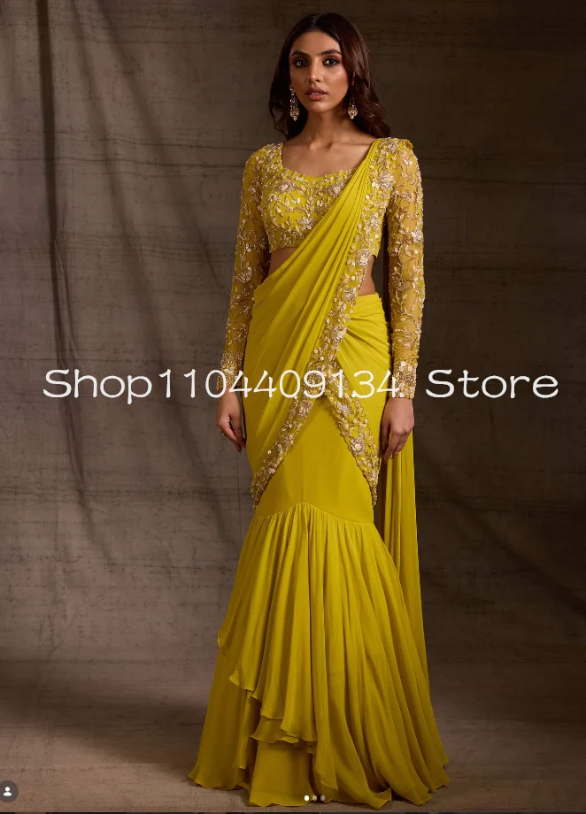 Embroidered long-sleeve saree-style outfit with mermaid hem