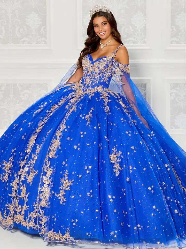

Royal Blue Glitter Embroidered Quinceañera Dresses with Cape Sleeve Off shoulder Lace-up Corset Prom vestido 15 anos preto