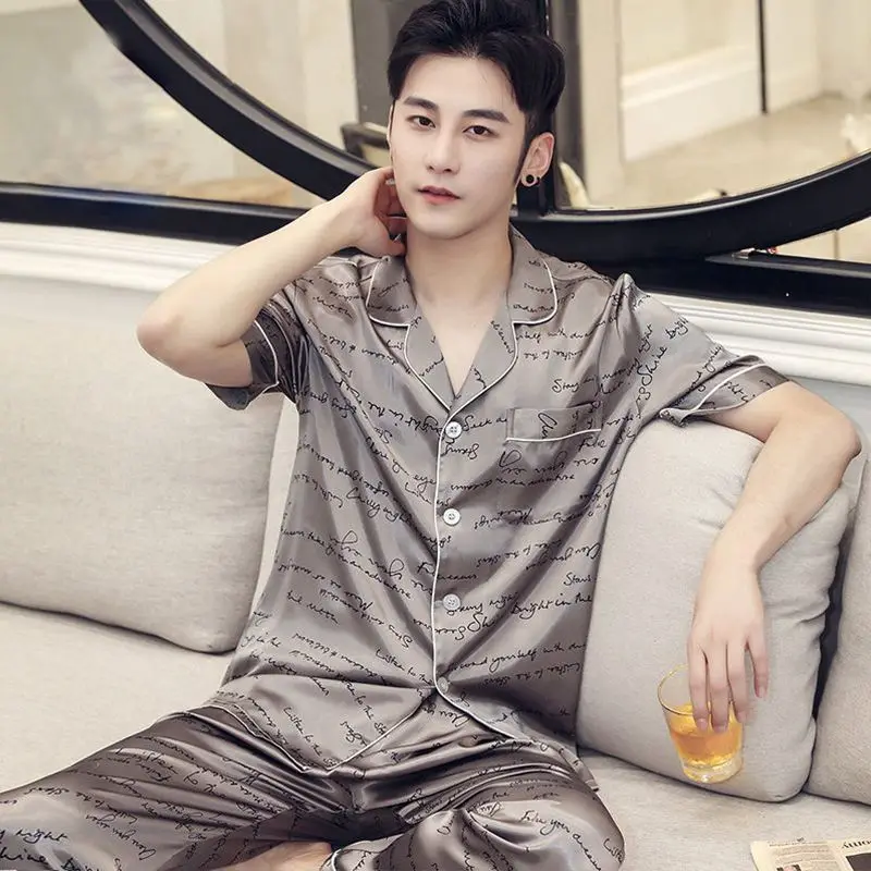 Summer Silk Sleepwear Men Pajamas Sets Tops Pants Two Pieces Loungewear Nightwear Lounge Suits Pajamas Loose Sleep Lounge New