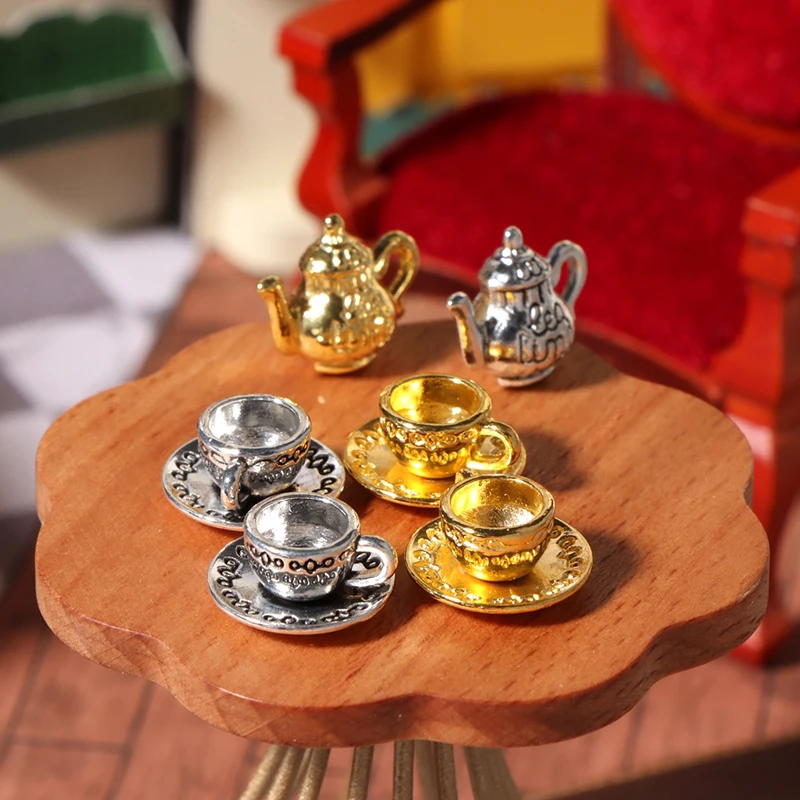 

1Set 1:12 Dollhouse Miniature Teapot Cup Saucer Metal Tea Set Dining Table Model Decor Toy Tableware Doll House Accessories New