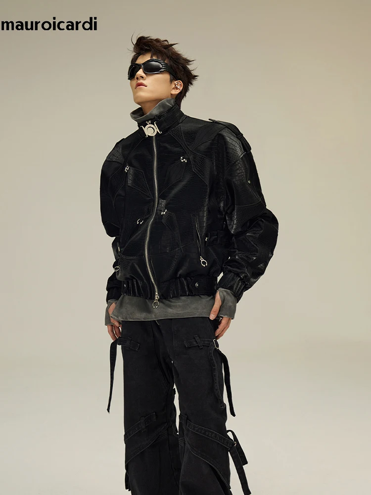 Mauroicardi Spring Autumn Cool Short Shiny Black Crocodile Print