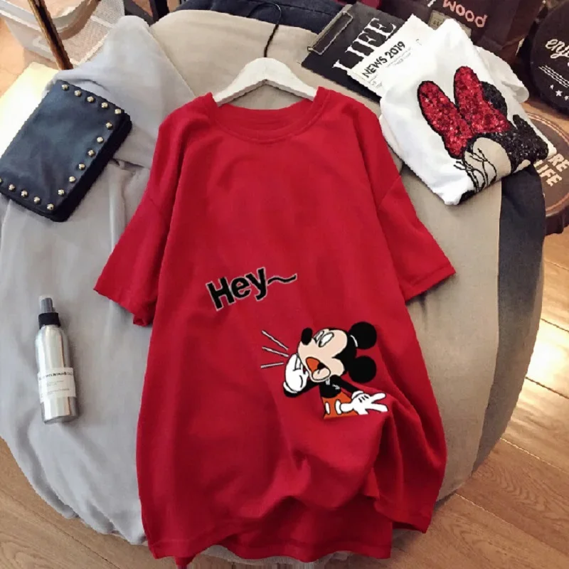 Disney Mickey Mouse T-shirt Girl Trend Mid-Length Loose Casual Short-Sleeved Cartoon Mickey Print T-shirt Round Neck Top hello kitty japanese cute cartoon print short sleeved short t shirt female student new navel loose top