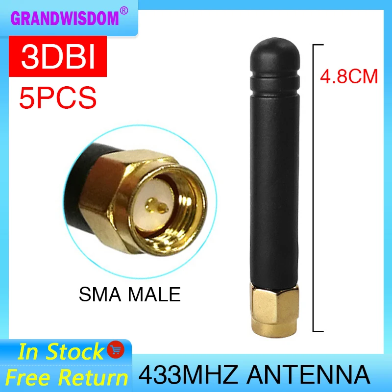 

GRANDWISDOM 5pcs 433mhz antenna 3dbi sma male lora antene pbx iot module lorawan signal receiver antena high gain