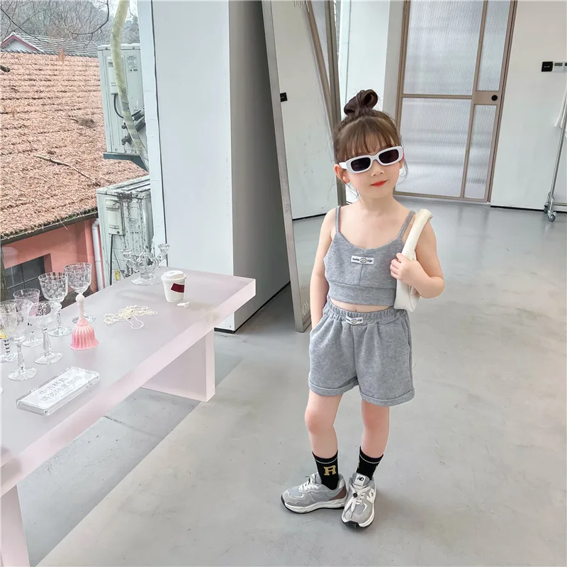 clothes set color	 Girls' Western-Style Leisure Suit 2022 Summer Korean Children'S Letter Embroidered Camisole Shorts Two-Piece Set baby boy clothing sets cheap	