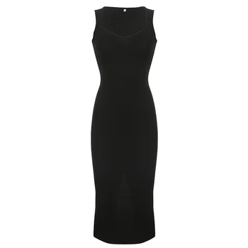 فستان طويل محبوك عصري بياقة مربعة بدون أكمام 6