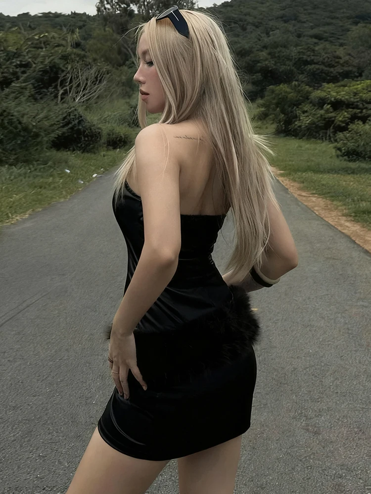 Nibber Sexy Fluffy Waistband+Leather Sleeveless Backless Mini Bodycon Midnight Hottie Music Festival Fashion Skinny Streetwear