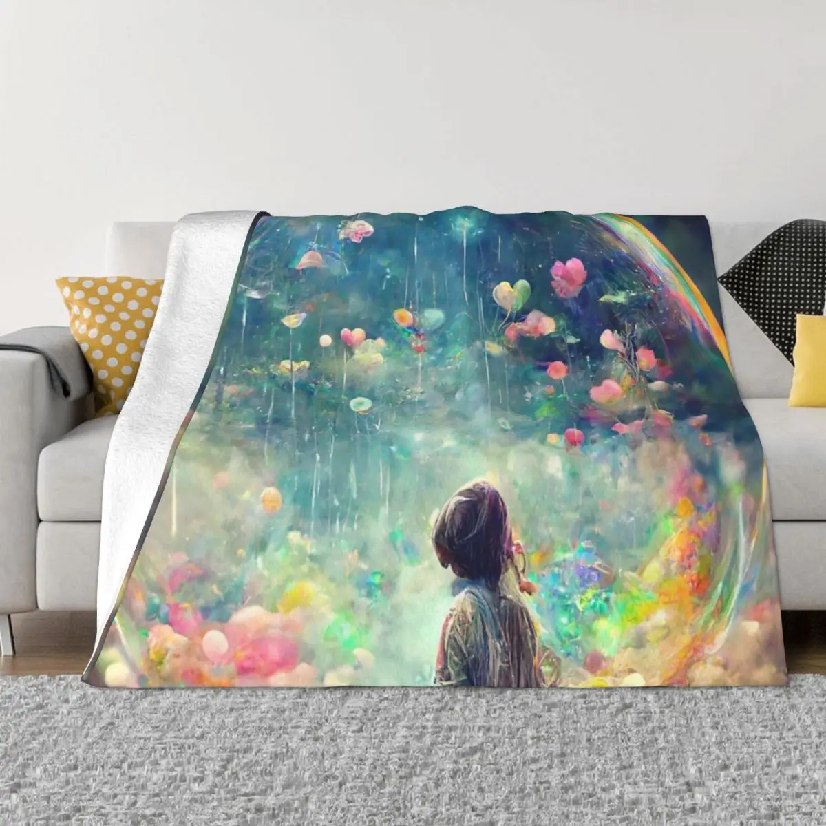 

Bubble Girl Dreamer Rainbow Abstract Art Print Throw Blanket Cute Plaid Dorm Room Essentials Flannel Fabric Shaggy Blankets