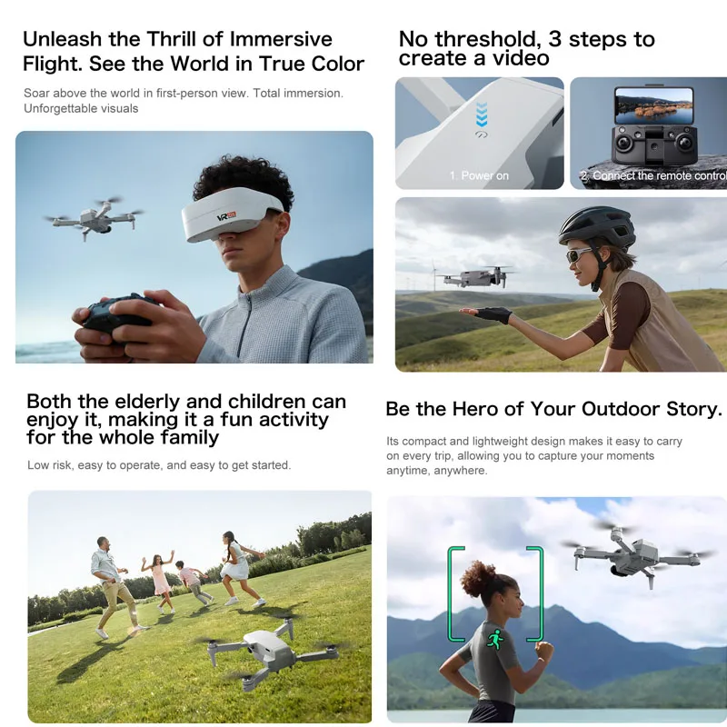 Drone 4K/8K pour Xiaomi posé sur une table, hélices dépliées, batterie visible.