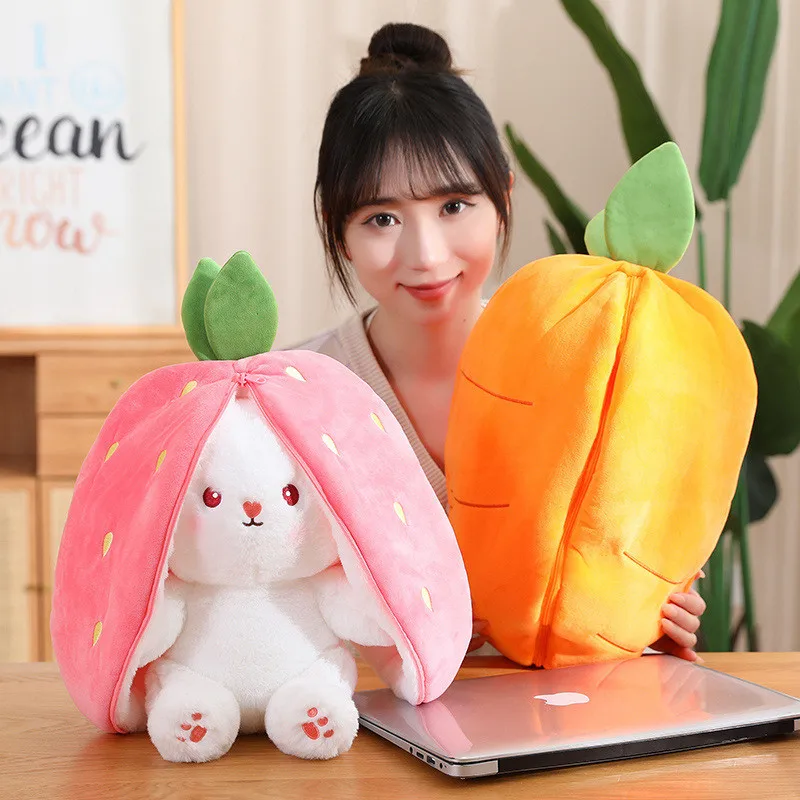 

25cm Cosplay Strawberry Carrot Rabbit Plush Toy Stuffed Creative Bag into Fruit Transform Baby Cuddly Bunny Plushie Doll For Kid