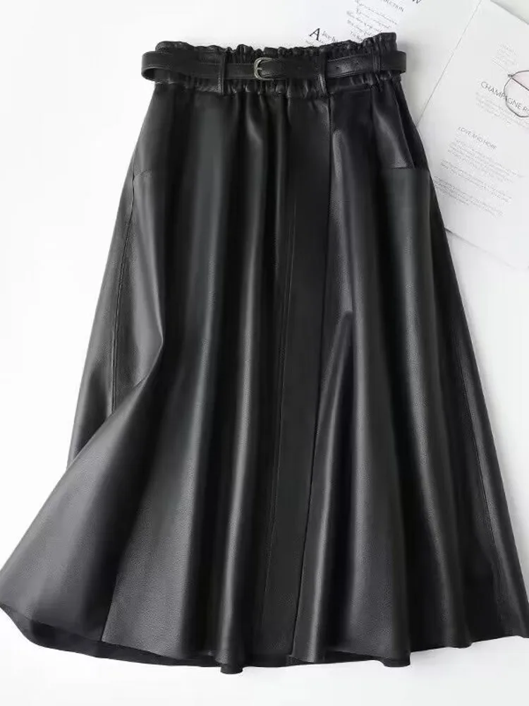

Long Skirts For Women 2023 Autumn New Office Lady High Waist A Line Elegant Genuine Leather Skirt Women