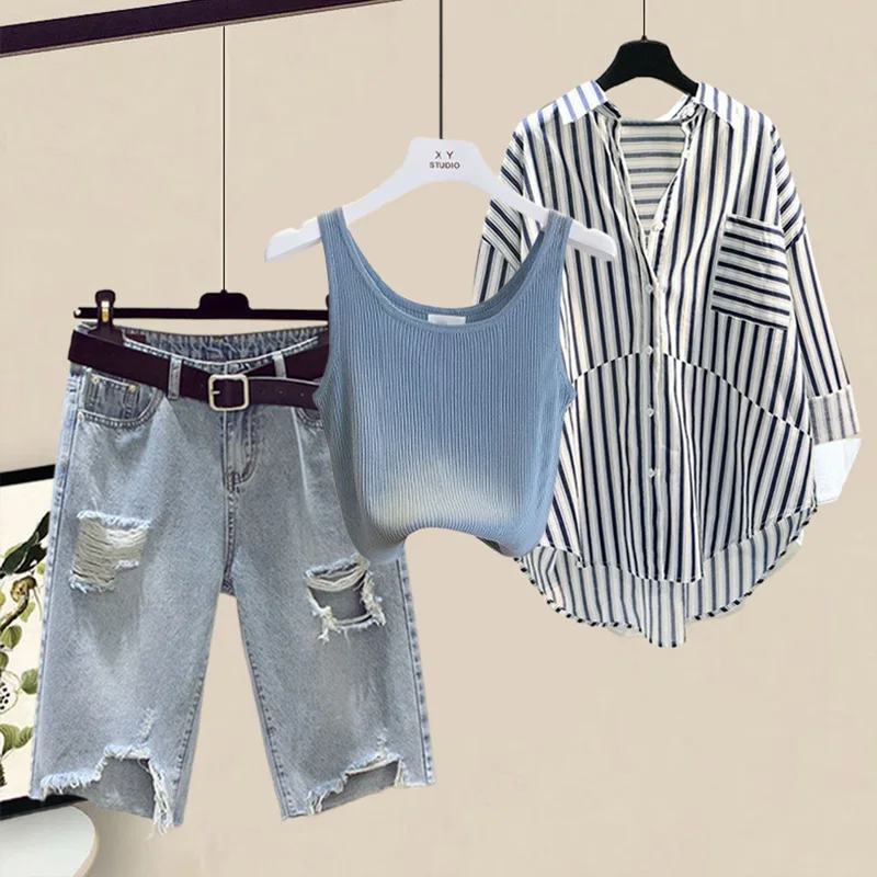 Summer Set Women's 2024 New Large Women's Style Striped Shirt with Hanging Straps Slimming Shorts Three piece Set short sets