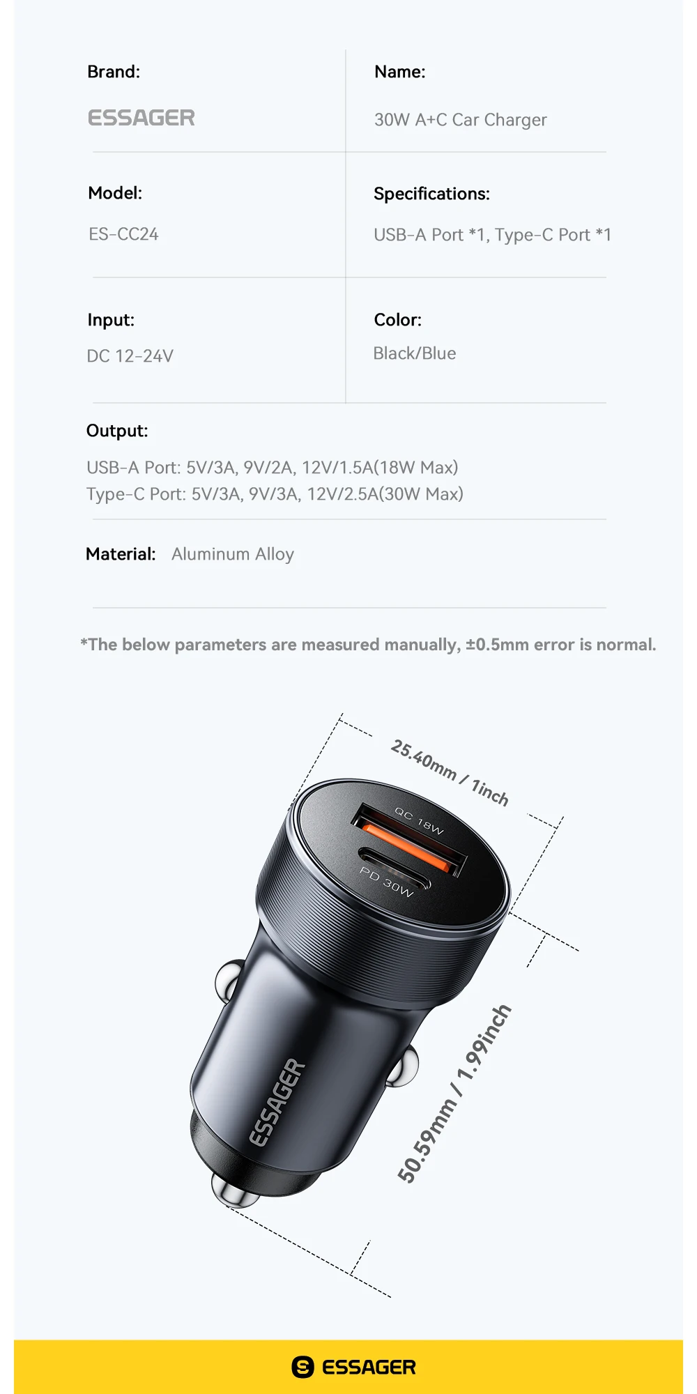30W Mini Car Charger PD3.0 QC3.0 Quick Charge Type C Car Charger PD 22.5W Fast C