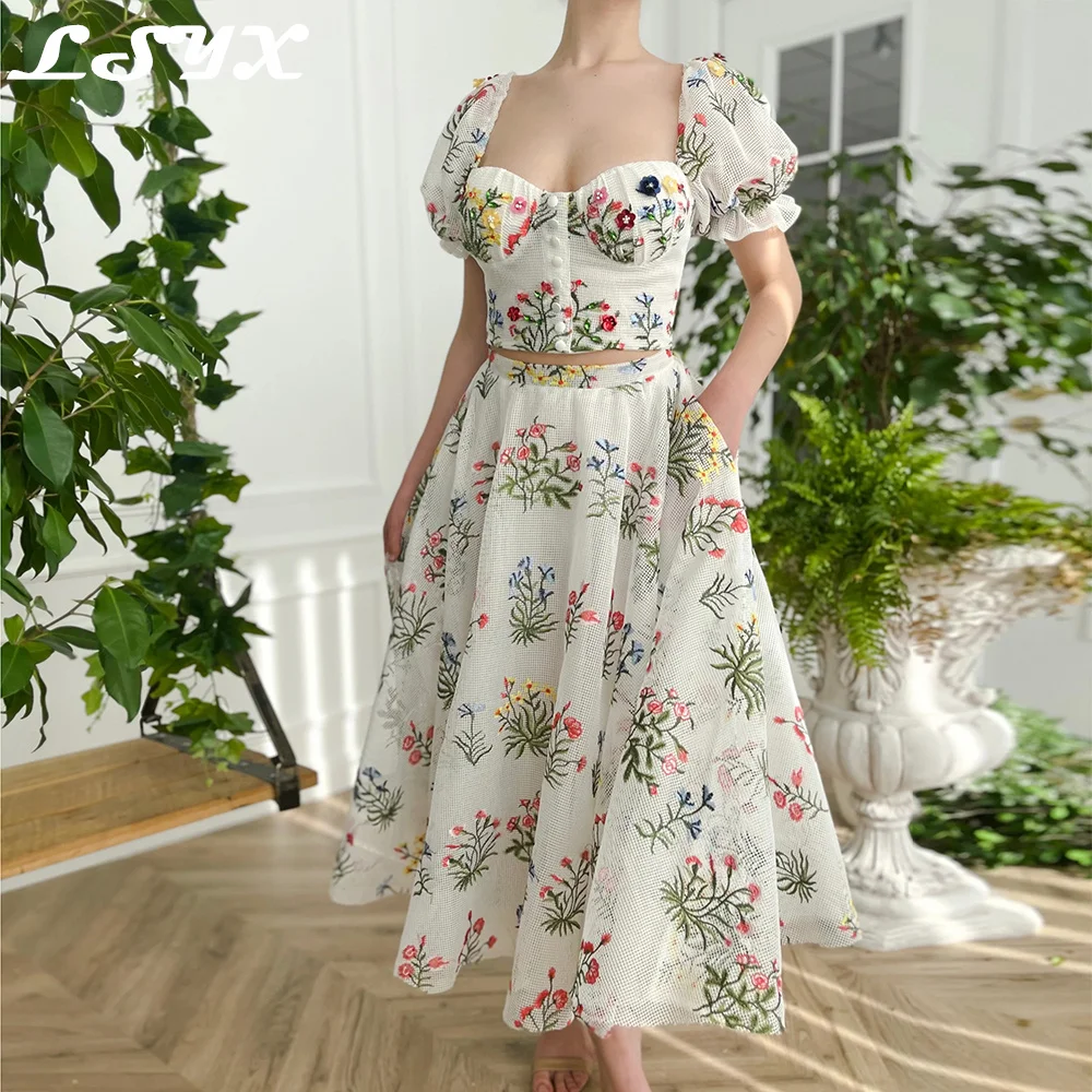 

LSYX Sweetheart Puff Sleeves Prom Dresses For Women 2023 Lace Appliques Ankle Length Backless A Line Tulle Simple Evening Gowns