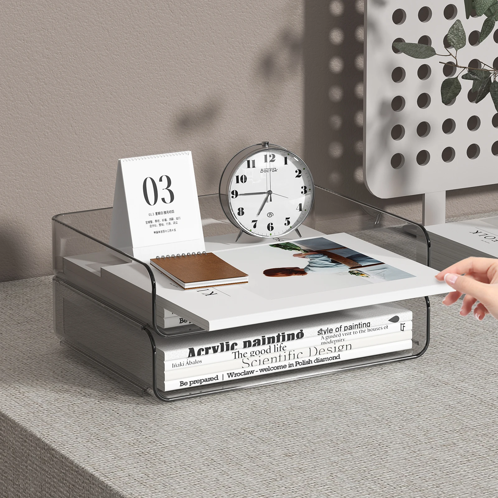 4-Tier Stackable Paper Tray Organizer for Desk with Detachable Hanging Pen Cup-Durable PET Desktop Paper Organizer Brown