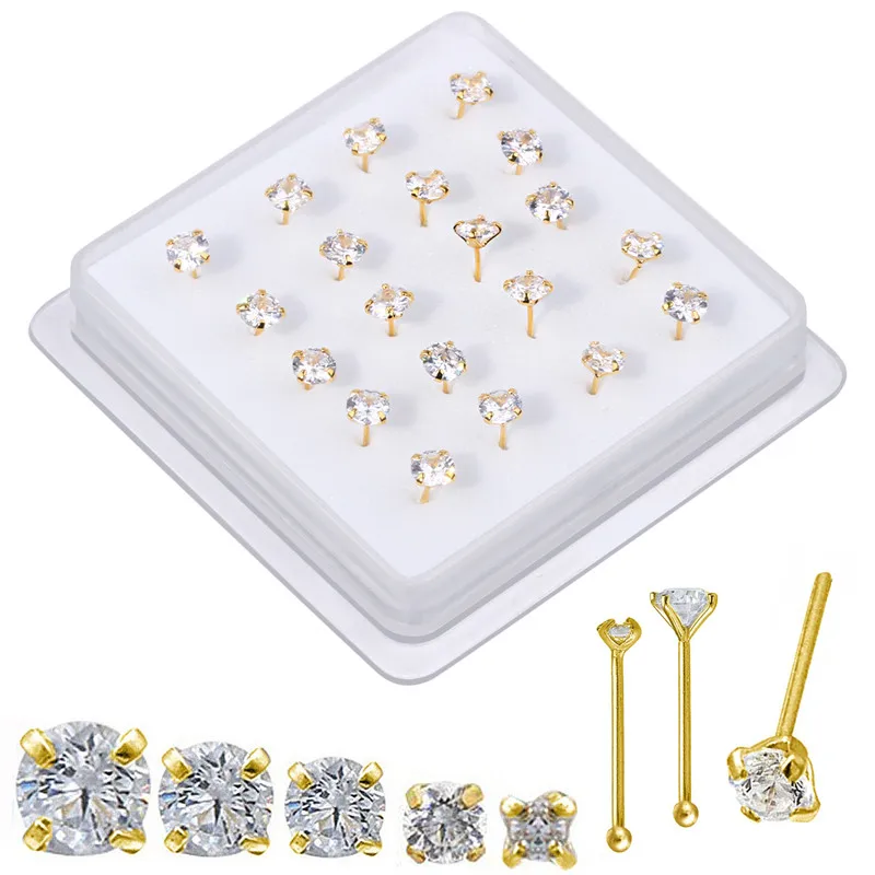Straight Pin Nose Studs with CZ Crystal Nose Rings Piercing Body Jewelry Bone Ball Pin 20 Pcs nose studs