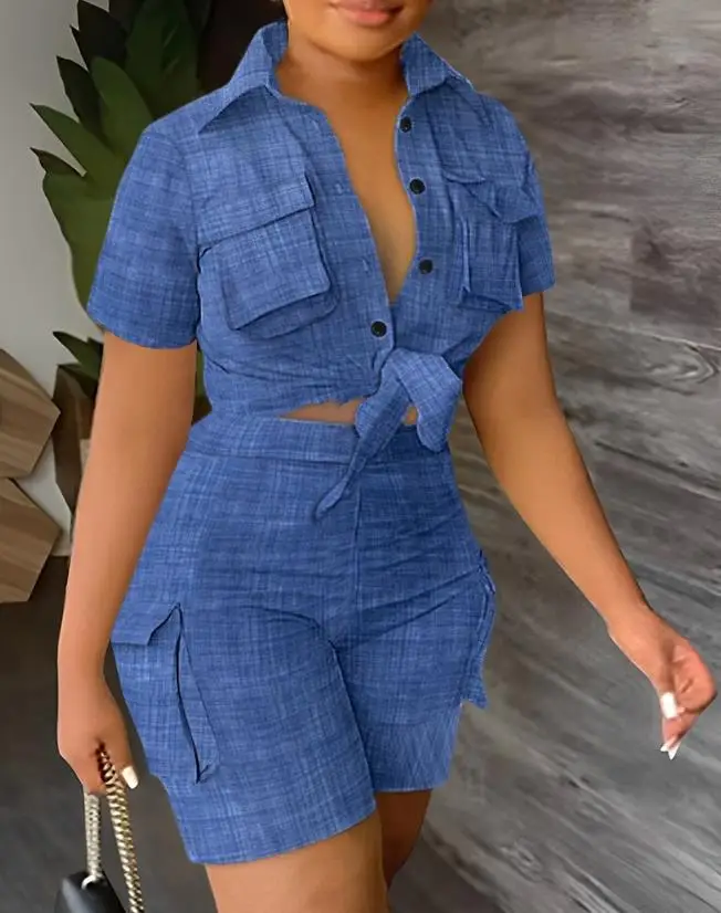 

Womens Two Piece Sets Outfit Elegant Pocket Design Buttoned Crop Top & High Waist Shorts Set New Fashion 2023 Summer Casual