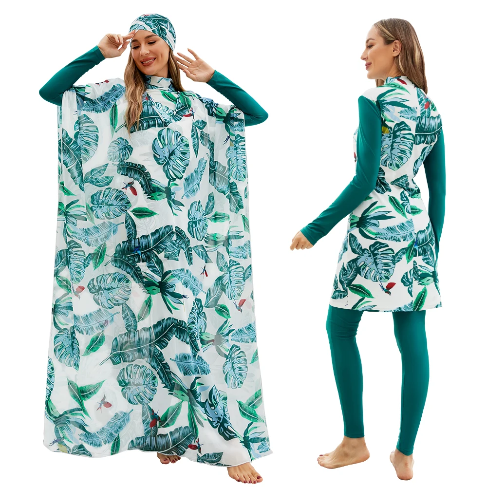 

4 piece Burkini Muslim Women Printed Modest Swimwear With Kaftan Full Covered Islamic Burkinis