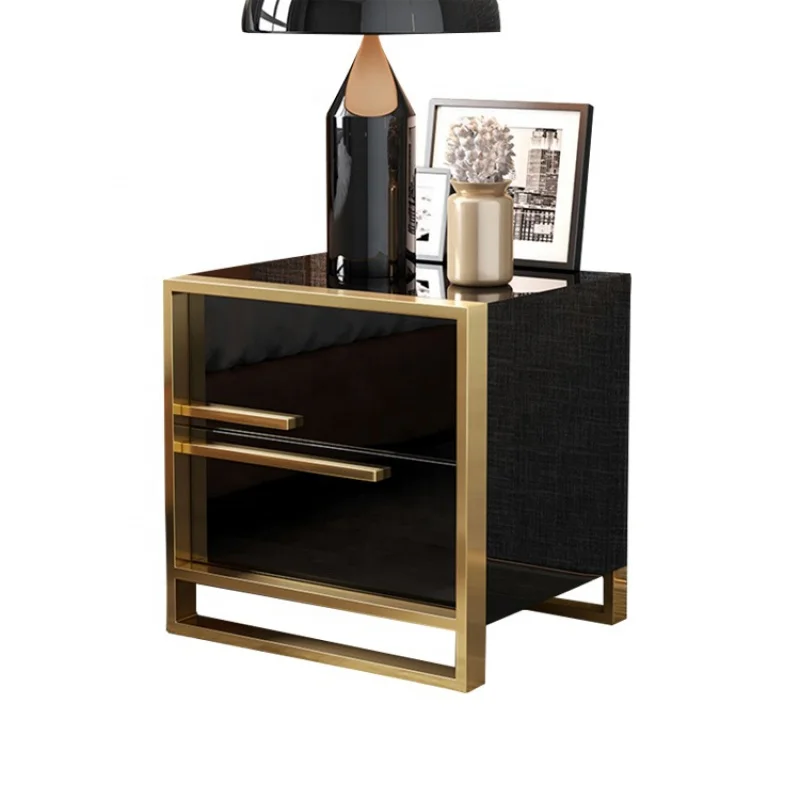 

custom，Black Mirrored Nightstand with Gold Stainless Leg/bedside table