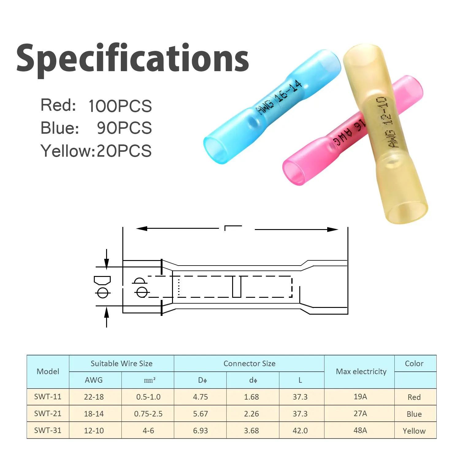 50/200PCS 와이어 크림프 커넥터 구색 열 수축 버트 터미널 절연 인감 방수 전기 자동차 액세서리