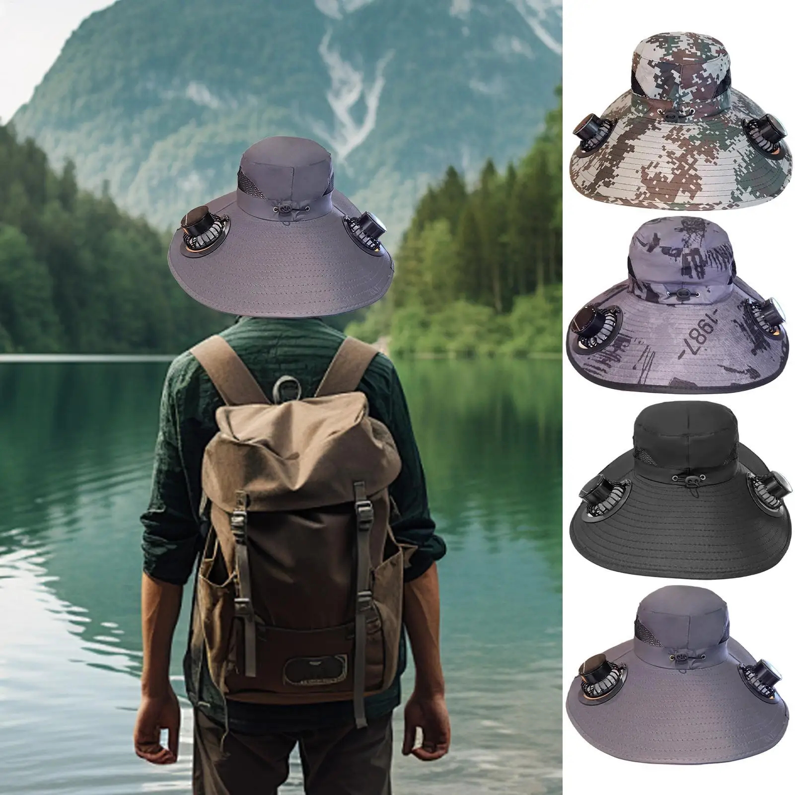 2025 Mens Wide Brim Solar Fan Hat Outdoor 50+Upf Protection Sun Hats With 2 Solar Fan Hiking Fishing Solar Powered Visor Cap