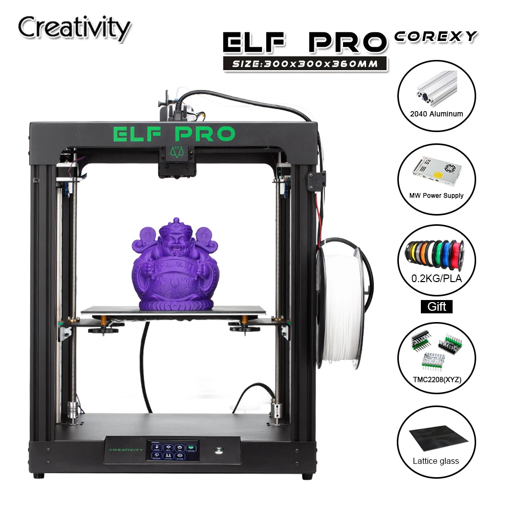 

Creativity 3d printer Corexy ELF PRO Newest 2040 Profile MeanWell Power Supply Super Silent Drive TMC2208 Large Printing Area